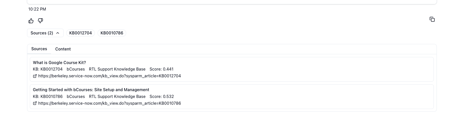 Source transparency — KB articles with scores