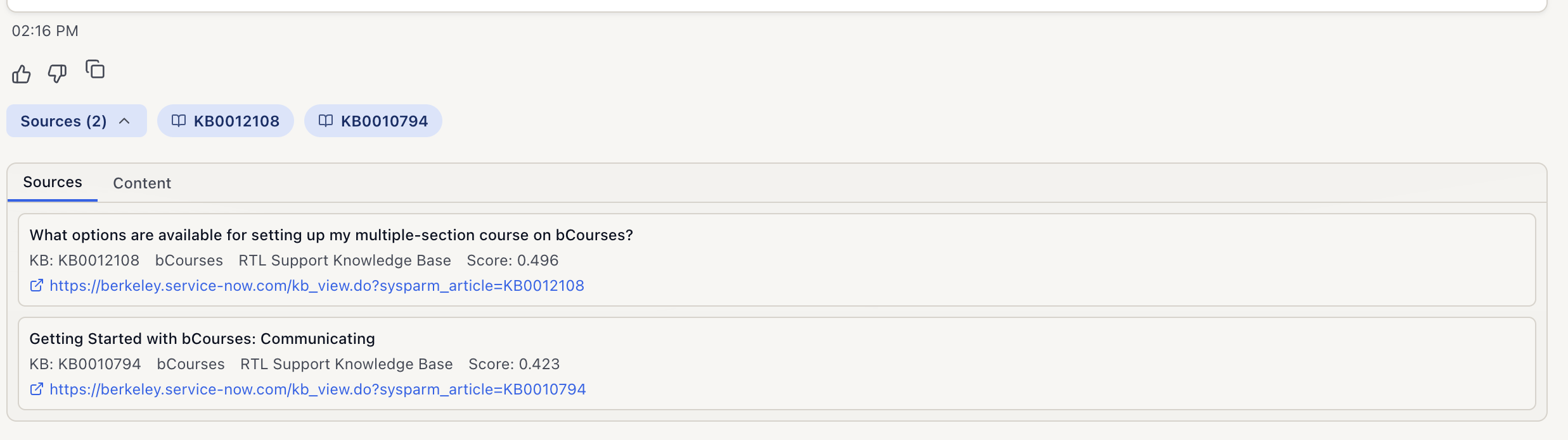 Source transparency — KB articles with scores
