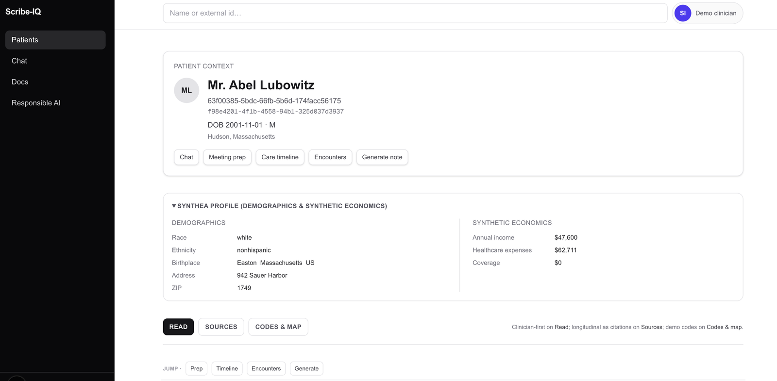 Patient context, Synthea profile, and chart tabs